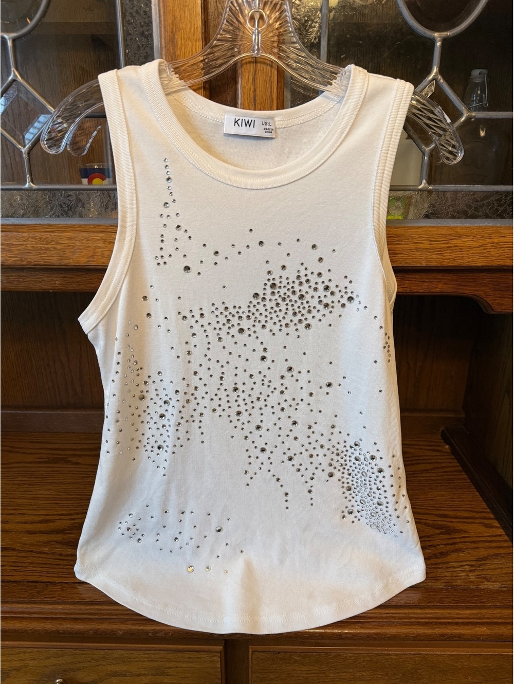 Kiwi White Rhinestone Tank Top L Y2K McBling Embellished Fitted Crewneck Tank